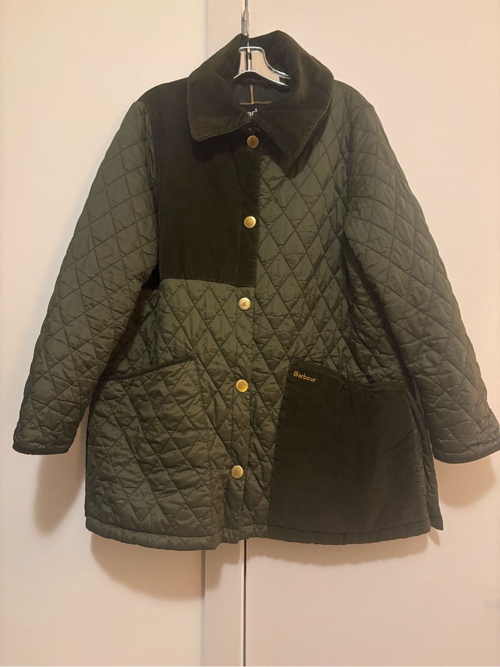 Barbour Dark Olive Green Quilted Corduroy-Trim Jacket